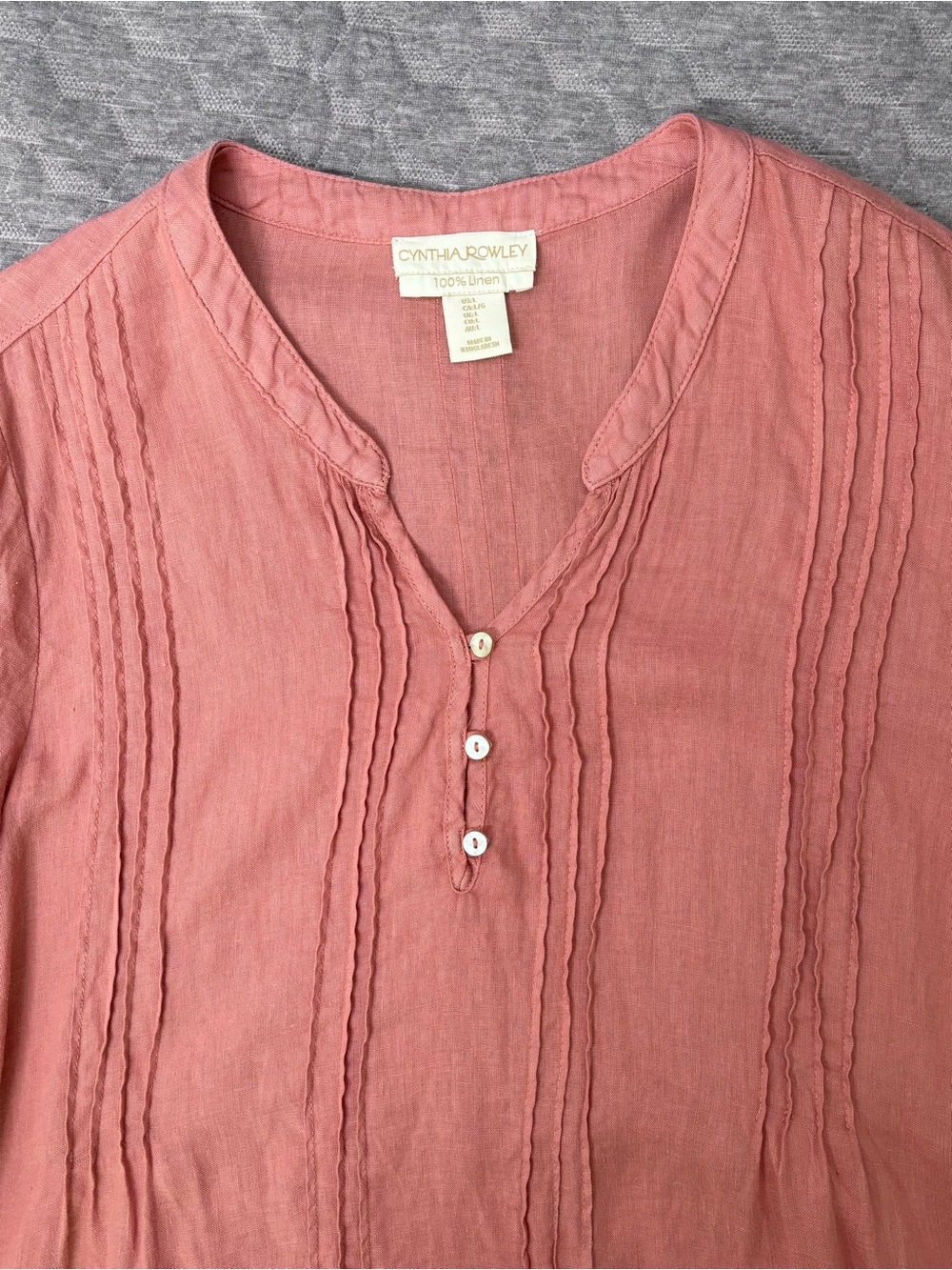 100% Linen Cynthia Rowley Tunic Blouse Pleated Pink Lightweight Summer Office L - Picture 3 of 6